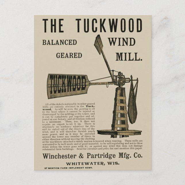 Antique Vind Mill Tuckwood Whitewater Wis 1889 Vykort (Framsida)