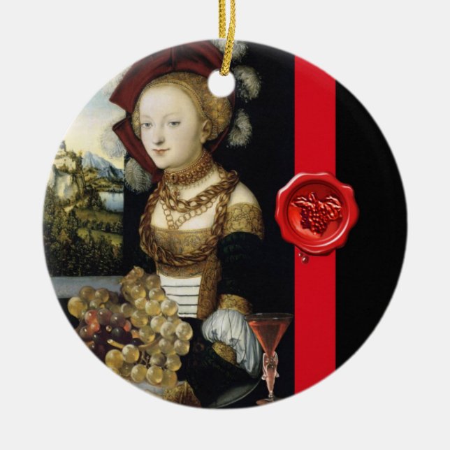 ANTIQUE VINEYARD GRAPES OCH VIN, RED VAX SEAL JULGRANSPRYDNAD KERAMIK (Framsidan)