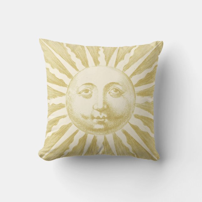 Antique Vintage Beige Guld Sol Ansikte Kudde (Framsida)