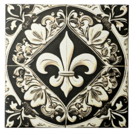 Antique Vintage Black and White Fleur de Lis Kakelplatta