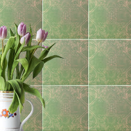 Antique Vintage Disted Ljust grönt and Beige Kakelplatta