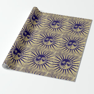 Antique Vintage Guld Blue Sol Ansikte Presentpapper