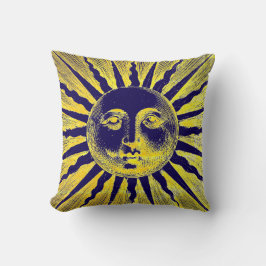 Antique Vintage Guld Gult Blue Sol Ansikte Kudde