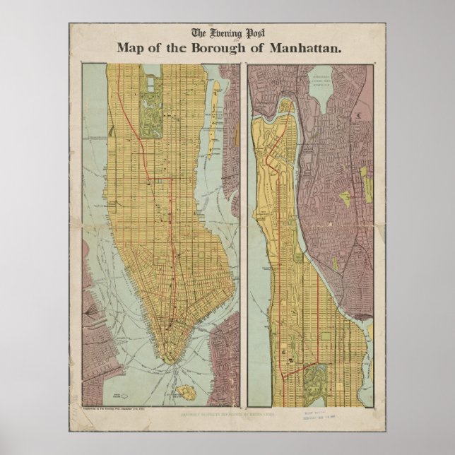 Antique Vintage Karta på Manhattan New York Poster (Framsidan)