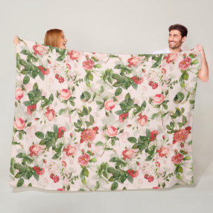 Antique Vintage Redouté Ro Mönster rosa Fleecefilt