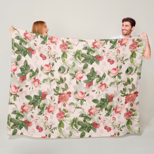 Antique Vintage Redouté Ro Mönster rosa Fleecefilt (På plats)