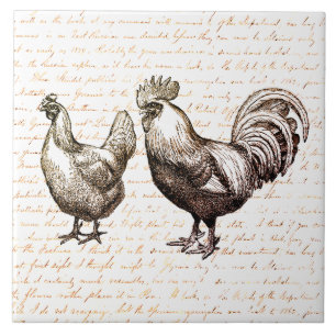 Antique Vintage Tupp Chicken Red Script Kakelplatta