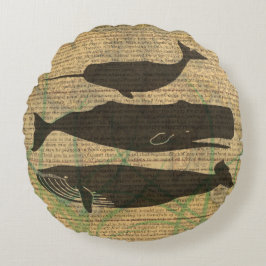 Antique Whale Nautical Sea Life Rund Kudde