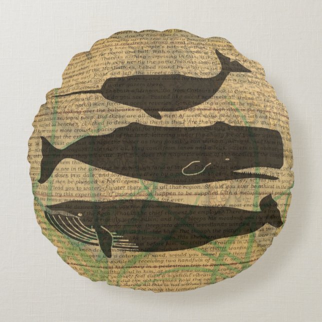 Antique Whale Nautical Sea Life Rund Kudde (Framsidan)