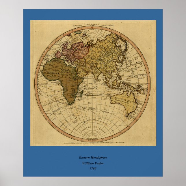 Antique William Faden 1786 Östra Hemisphere Karta Poster (Framsidan)