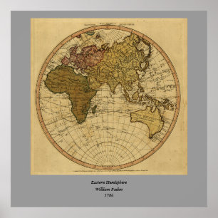 Antique William Faden 1786 Östra Hemisphere Karta Poster
