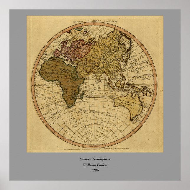 Antique William Faden 1786 Östra Hemisphere Karta Poster (Framsidan)