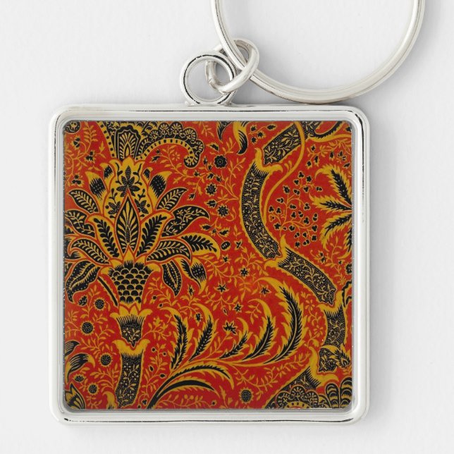 Antique William Morris India Tapet Fyrkantig Silverfärgad Nyckelring (Framsidan)