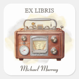 Antique Wood Radio Bookplate Fyrkantigt Klistermärke