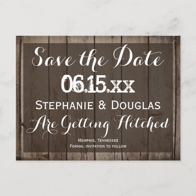 Antique Wood Rustic Save the Date Postcards Meddelande Vykort (Framsida)
