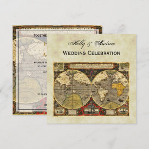 Antique World Map #2, Distress BG #3 SQ Bröllop Inbjudningar