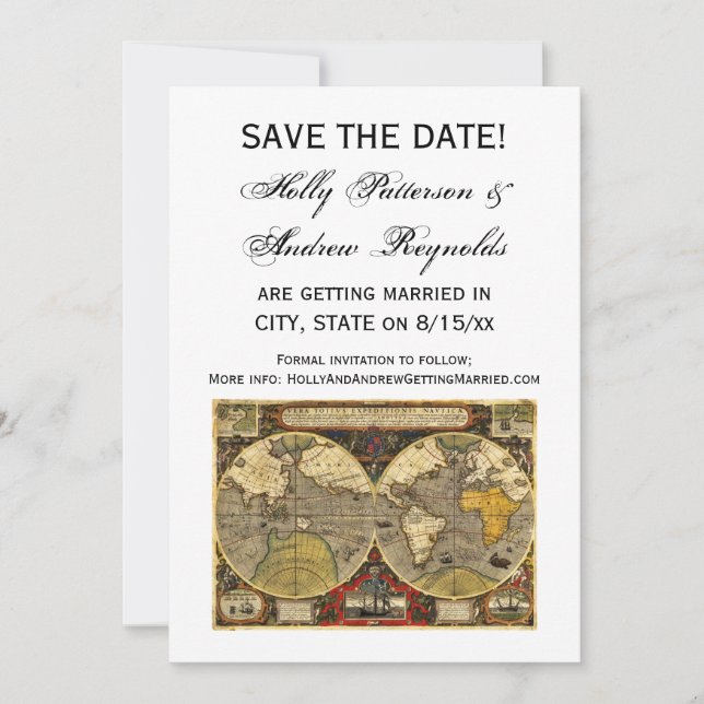 Antique World Map #2, DIY White BG Save Date Inbjudningar (Framsida)