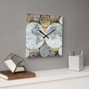 Antique World Map, Atlas Maritimus av John Seller Fyrkantig Klocka