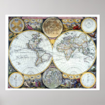 Antique World Map, Atlas Maritimus av John Seller