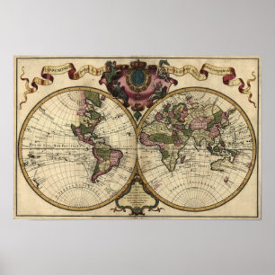 Antique World Map av Guillaume de L'Isle, 1720 Poster