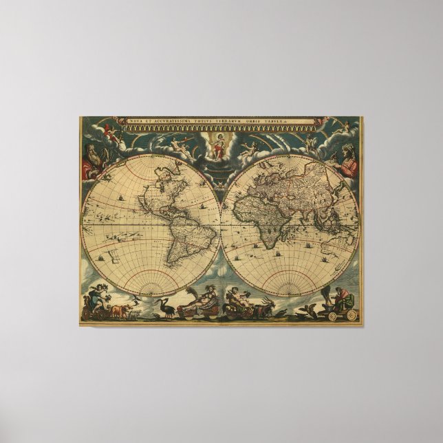 Antique World Map av Joan Blaeu, circa 1664 Canvastryck (Framsida)