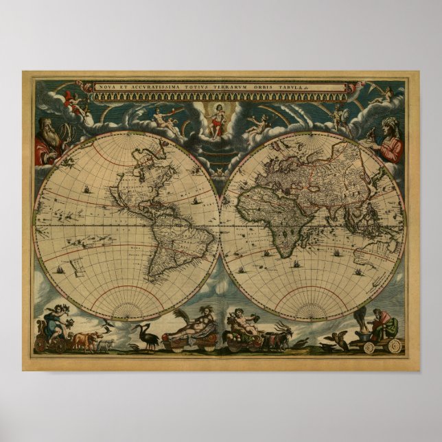 Antique World Map av Joan Blaeu, circa 1664 Poster (Framsidan)