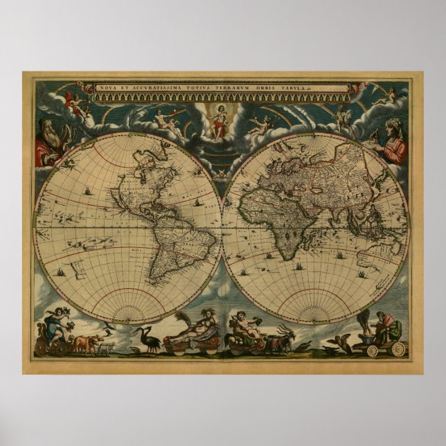 Antique World Map av Joan Blaeu, circa 1664 Poster (Framsidan)