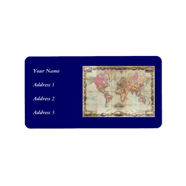 Antique World Map av John Colton, circa 1854 Adressetikett (Framsidan)
