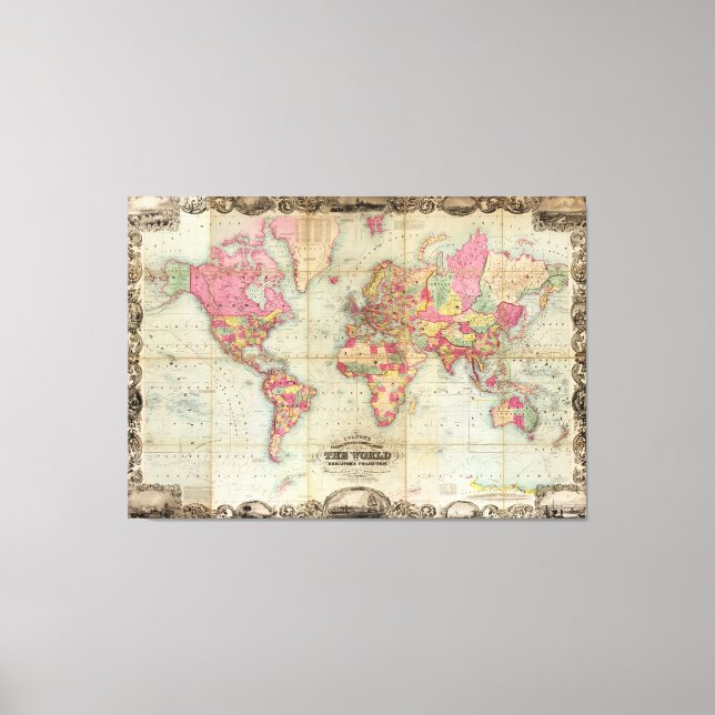 Antique World Map av John Colton, circa 1854 Canvastryck (Framsida)