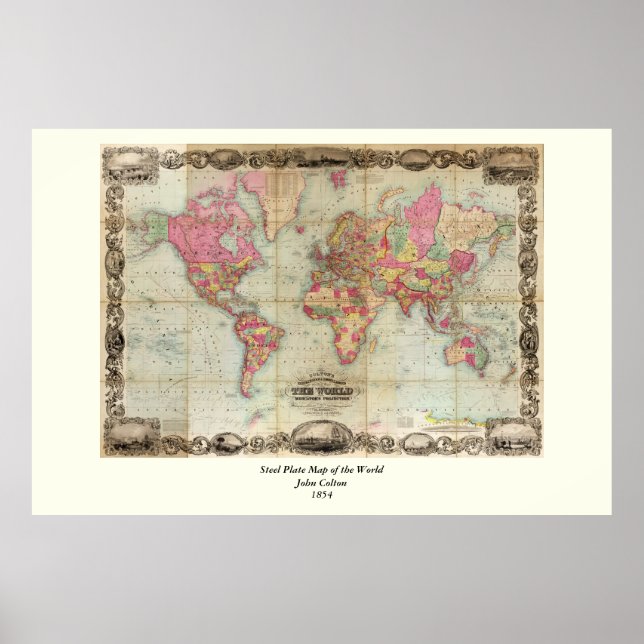 Antique World Map av John Colton, circa 1854 Poster (Framsidan)