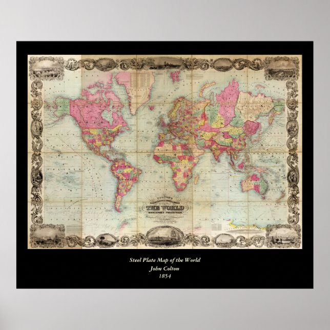 Antique World Map av John Colton, circa 1854 Poster (Framsidan)