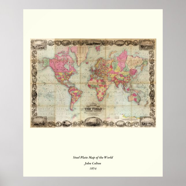 Antique World Map av John Colton, circa 1854 Poster (Framsidan)