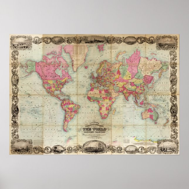 Antique World Map av John Colton, circa 1854 Poster (Framsidan)