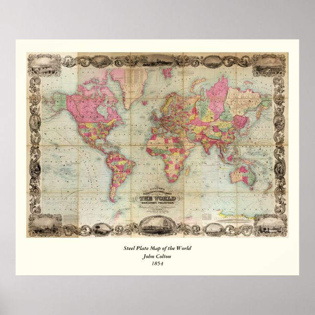Antique World Map av John Colton, circa 1854 Poster (Framsidan)