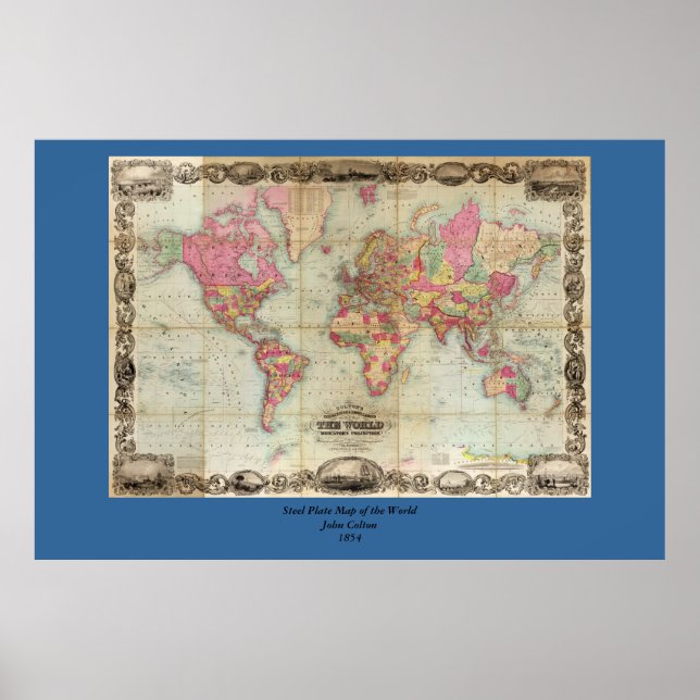 Antique World Map av John Colton, circa 1854 Poster (Framsidan)