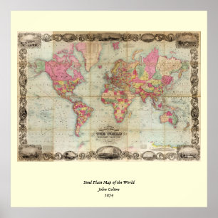 Antique World Map av John Colton, circa 1854 Poster