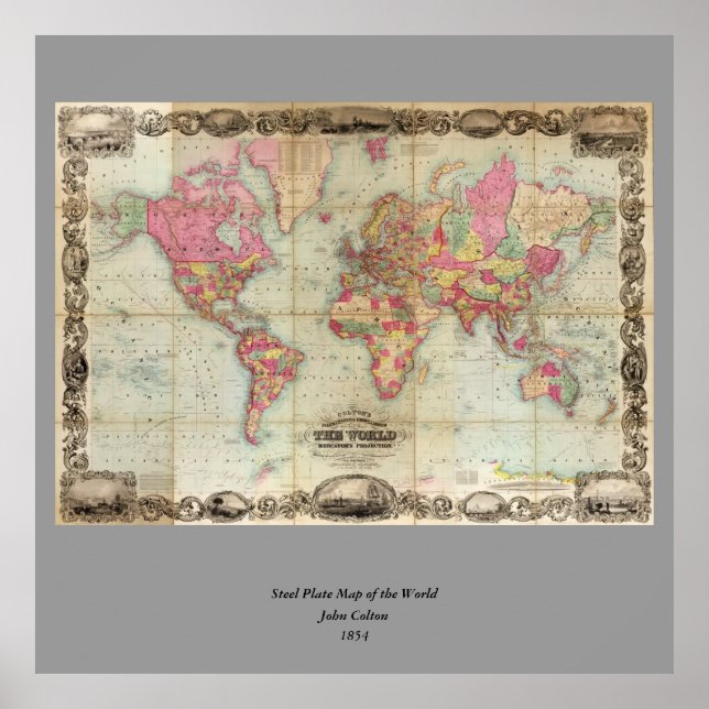 Antique World Map av John Colton, circa 1854 Poster (Framsidan)