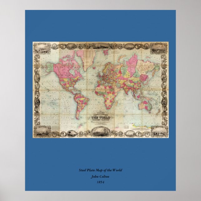 Antique World Map av John Colton, circa 1854 Poster (Framsidan)