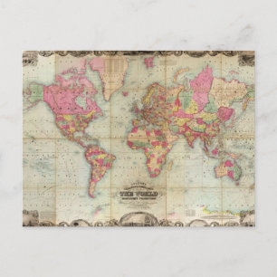 Antique World Map av John Colton, circa 1854 Vykort