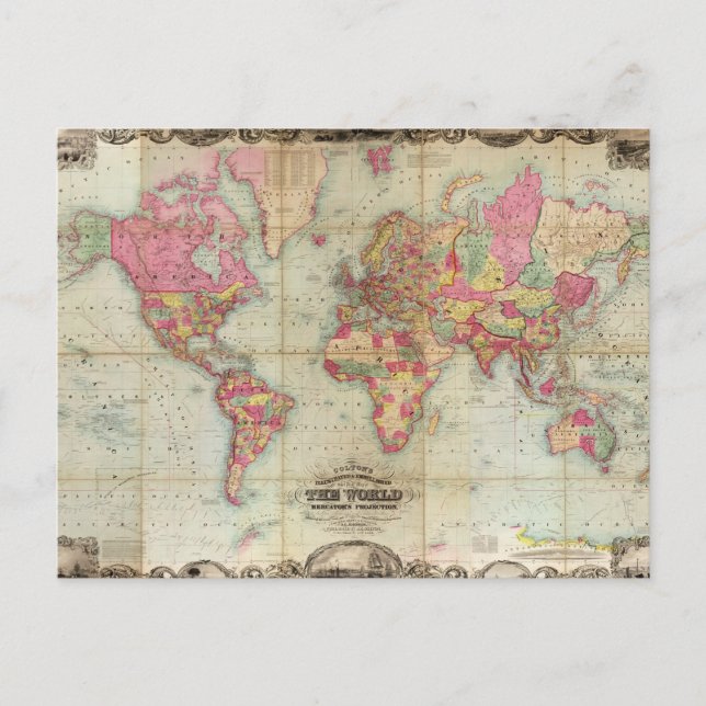 Antique World Map av John Colton, circa 1854 Vykort (Framsida)