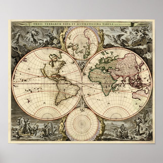 Antique World Map av Nicolao Visscher, circa 1690 Poster (Framsidan)