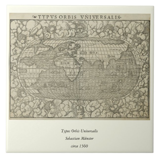 Antique World Map av Sebastian Münster circa 1560 Kakelplatta (Framsidan)