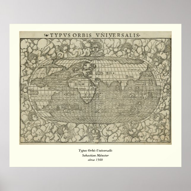 Antique World Map av Sebastian Münster circa 1560 Poster (Framsidan)