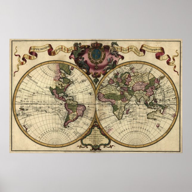 Antique World Map by Guillaume de L'Isle, 1720 Poster (Framsidan)