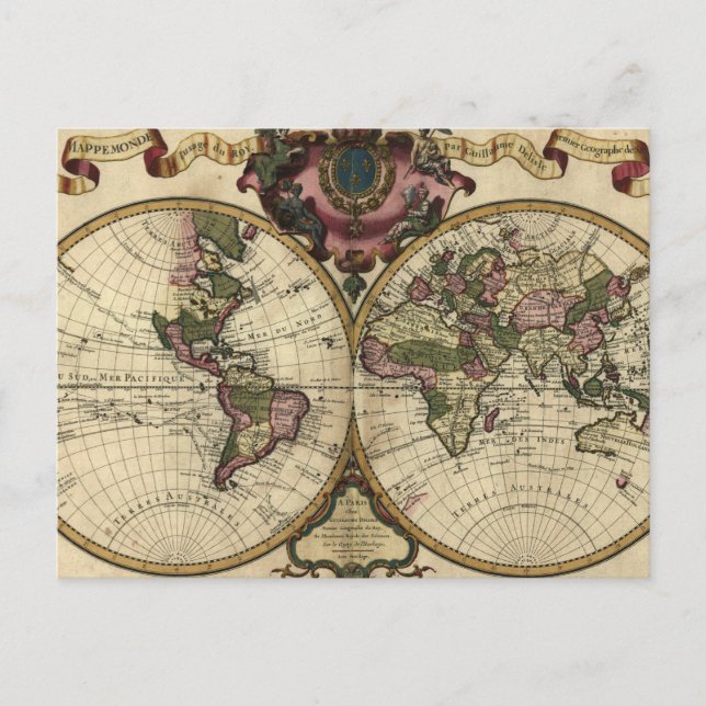 Antique World Map by Guillaume de L'Isle, 1720 Vykort (Framsida)