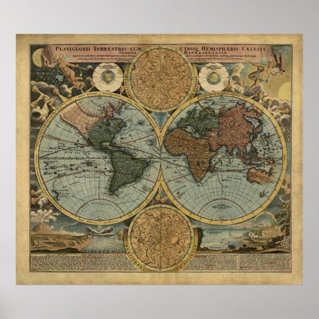 Antique World Map by Johann Baptist Homann, 1716 Poster (Framsidan)