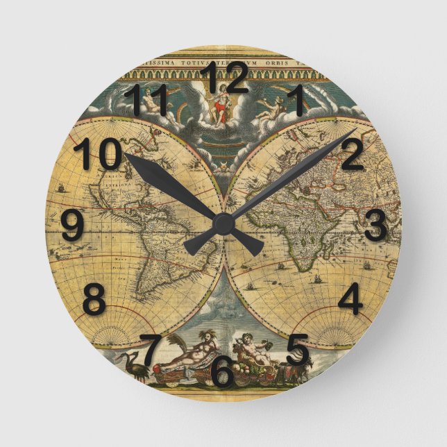Antique World Map Distress #2 Rund Klocka (Framsida)