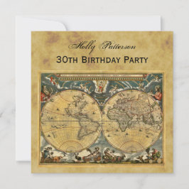 Antique World Map, Distress BG SQ Birthday Inbjudningar
