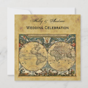 Antique World Map, Distress BG SQ Bröllop Inbjudningar
