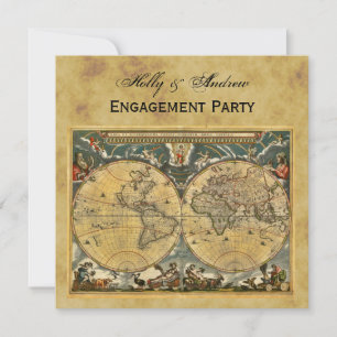 Antique World Map, Distress BG SQ-Förlovning Inbjudningar